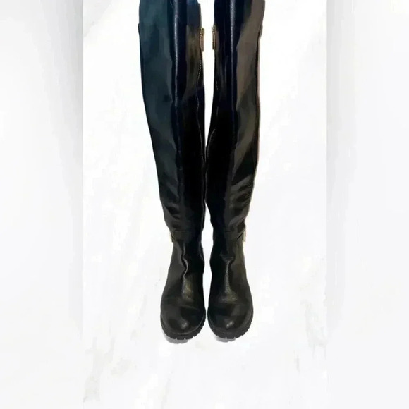 Micheal Kors black knee high gold zipper rubber sole leather riding boots 5.5 - Picture 3 of 6